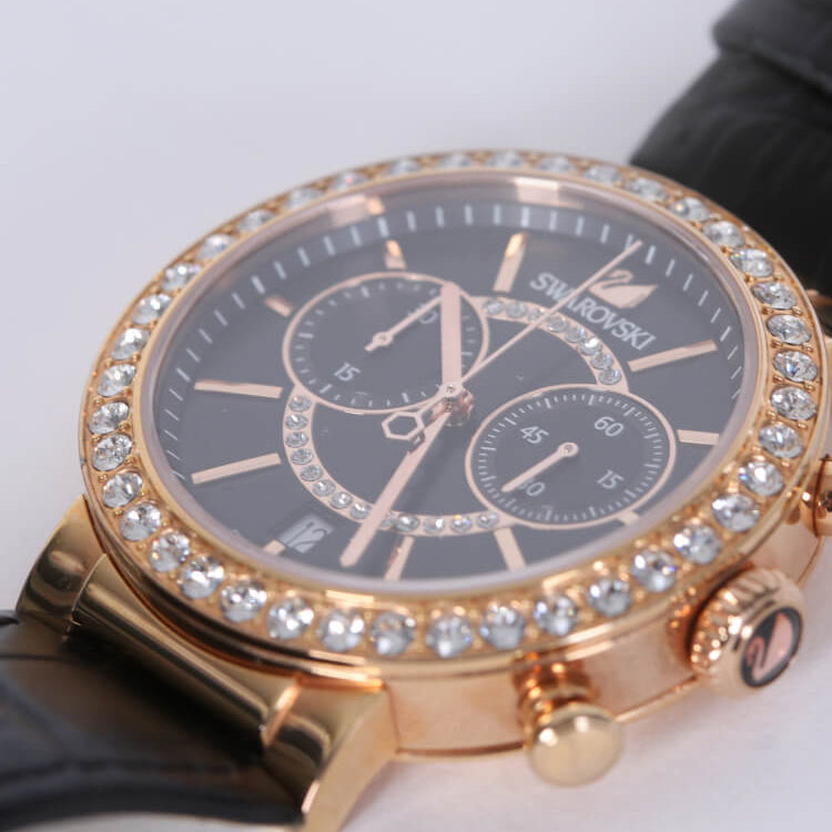 Swarovski Citra Sphere Chronograph Black Dial Black Leather Strap Watch for Women - 5055209