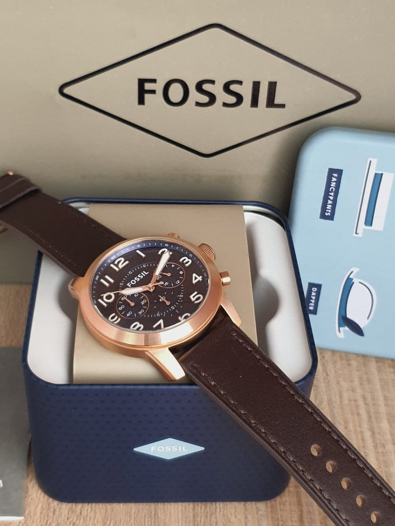 Fossil Pilot 54 Chronograph Blue Dial Brown Leather Strap Watch for Men - FS5204