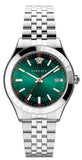 Versace VEVK01021 Hellenyium Quartz Men's Watch – Green Dial & Silver Steel Strap