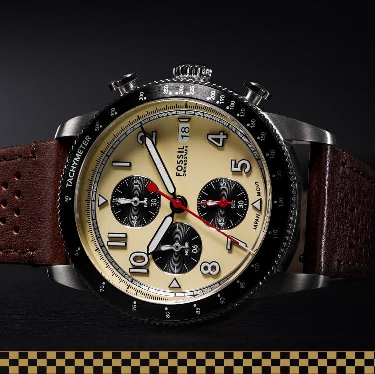 Fossil Sport Tourer Chronograph White Dial Brown Leather Strap Watch for Men - FS6042