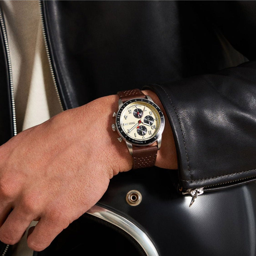 Fossil FS6042 Sport Tourer Men’s Chronograph Watch – White Dial with Brown Leather Strap