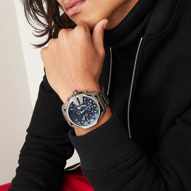 Diesel Mega Chief Chronograph Blue Dial Black Steel Strap Watch For Men - DZ4329
