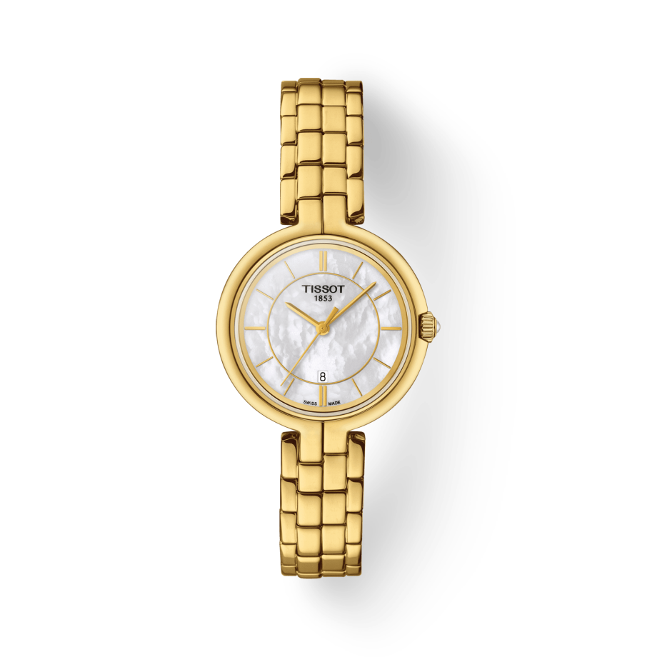 Tissot Flamingo Mother of Pearl White Dial Gold Steel Strap Watch For Women - T094.210.33.111.00