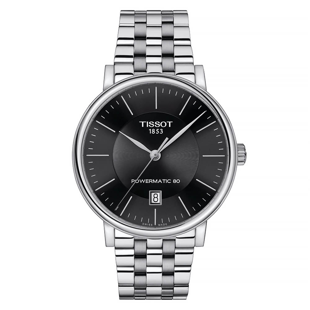 Tissot T Classic Carson Premium Powermatic 80 Black Dial Silver Steel Strap Watch For Men - T122.407.11.051.00