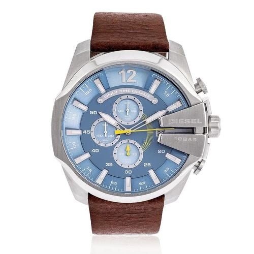 Diesel Mega Chief Chronograph Blue Dial Brown Leather Strap Watch For Men - DZ4281