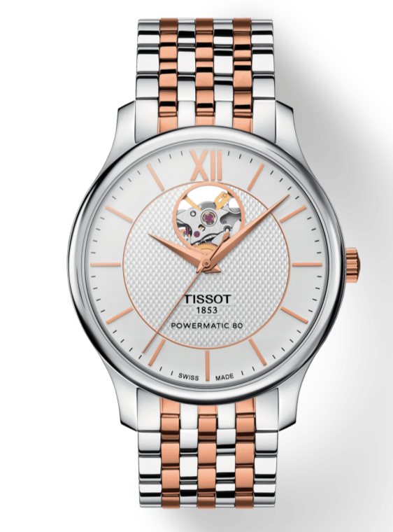 Tissot Tradition Powermatic 80 Open Heart Silver Dial Two Tone Steel Strap Watch For Men - T063.907.22.038.01