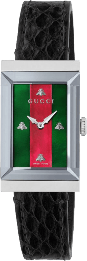 Gucci G-Frame Mother of Pearl Green & Red Dial Black Leather Strap Watch For Women - YA147403