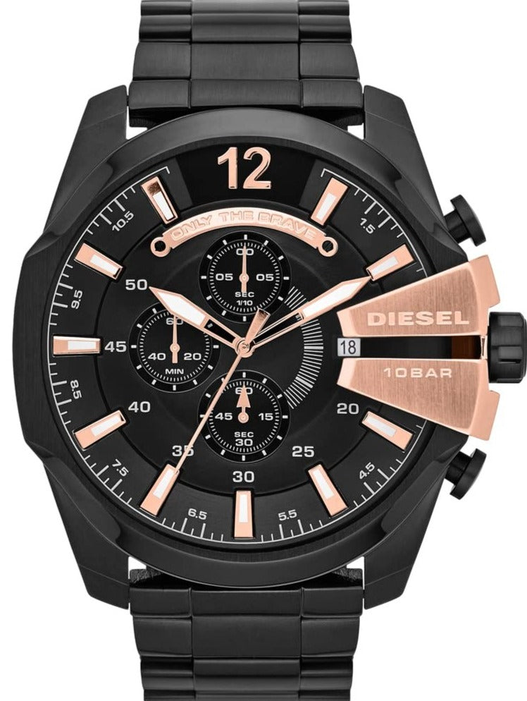 Diesel Mega Chief Chronograph Black Dial Black Steel Strap Watch For Men - DZ4309