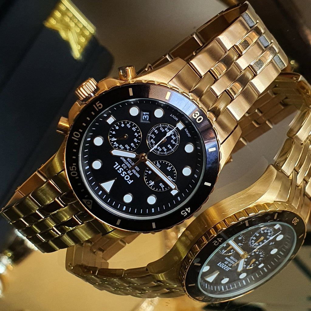 Fossil FS5836 FB-01 Chronograph Men’s Watch – Black Dial with Gold Steel Strap