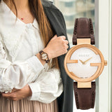 Gucci G Interlocking Mother of Pearl Dial Brown Leather Strap Watch For Women - YA133516