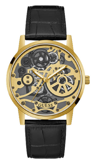 Guess Gadget Gold Dial Black Leather Strap Watch for Men - GW0570G1