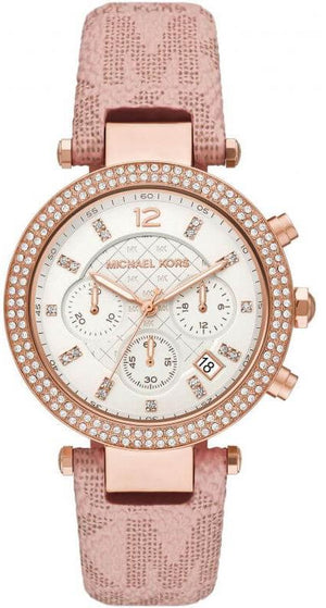 Michael Kors Parker Chronograph White Dial Pink Leather Strap Watch For Women - MK6935