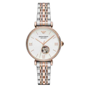 Emporio Armani Gianni T-Bar Analog White Dial Two Tone Steel Strap Watch For Women - AR60019