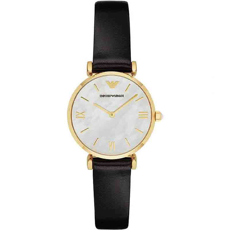Emporio Armani Gianni T-Bar Quartz Mother of Pearl Dial Black Leather Strap Watch For Women - AR1910