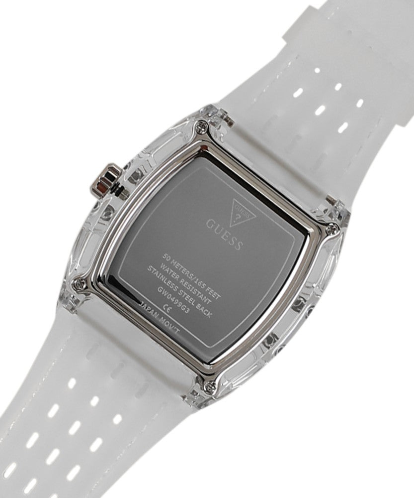 Guess Phoenix Polycarbonate Clear Multi-function Black Dial Clear Rubber Strap Watch for Men - GW0499G3