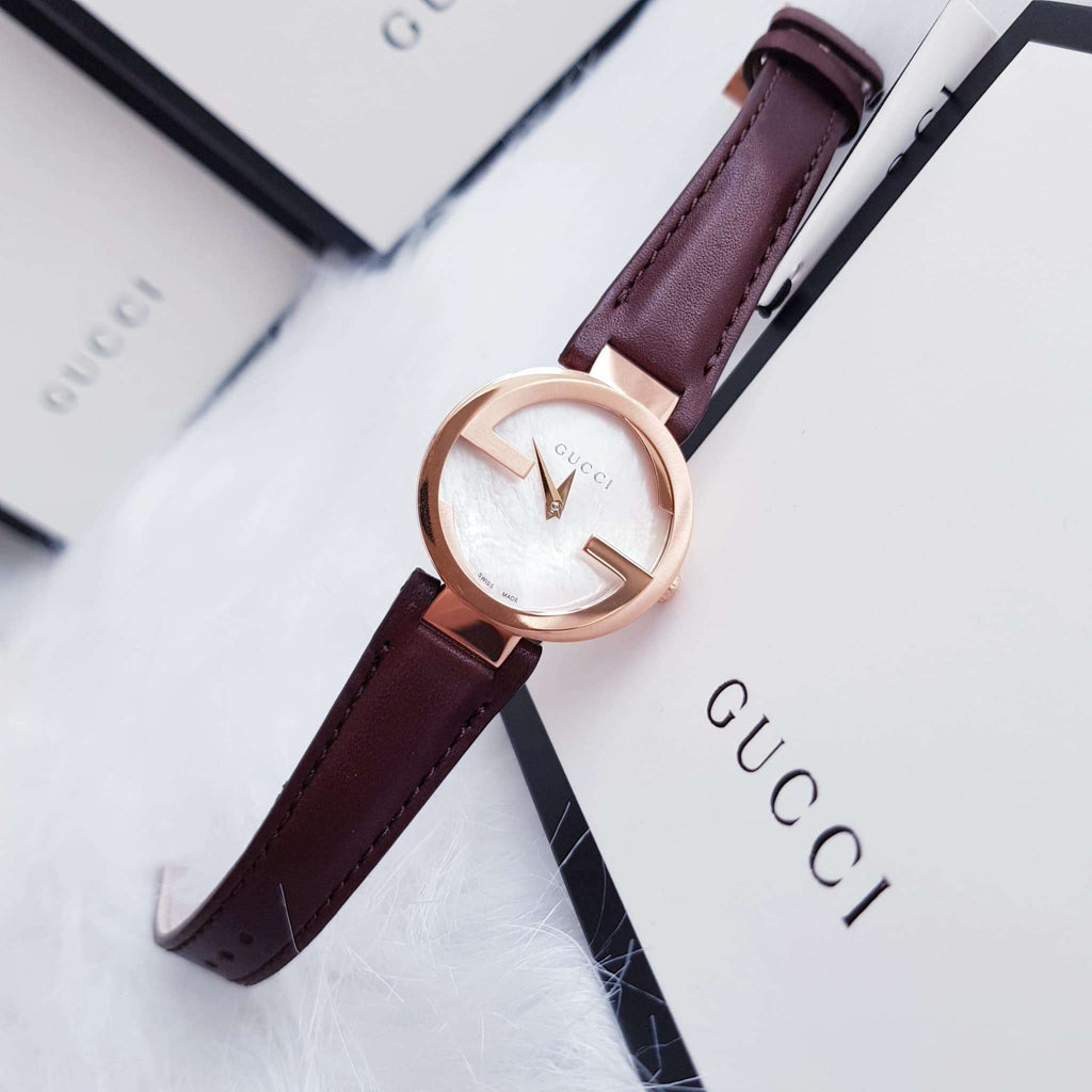 Gucci G Interlocking Mother of Pearl Dial Brown Leather Strap Watch For Women - YA133516