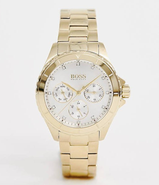 Hugo Boss Premiere White Dial Gold Steel Strap Watch for Women - 1502445