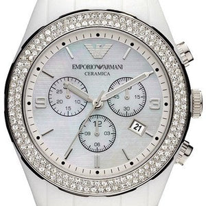 Emporio Armani Ceramica Chronograph White Dial White Ceramic Strap Watch For Women - AR1456