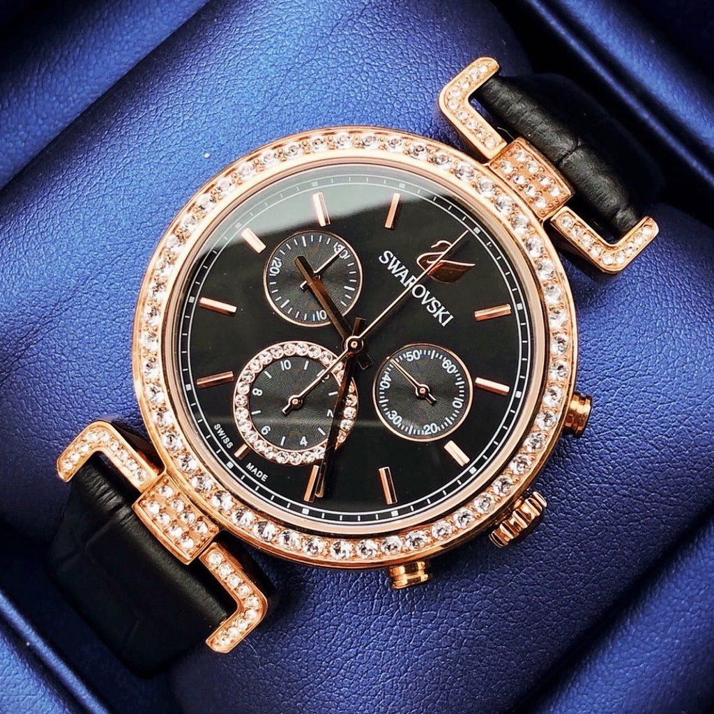 Swarovski Era Journey Chronograph Black Dial Black Leather Strap Watch for Women - 5295320