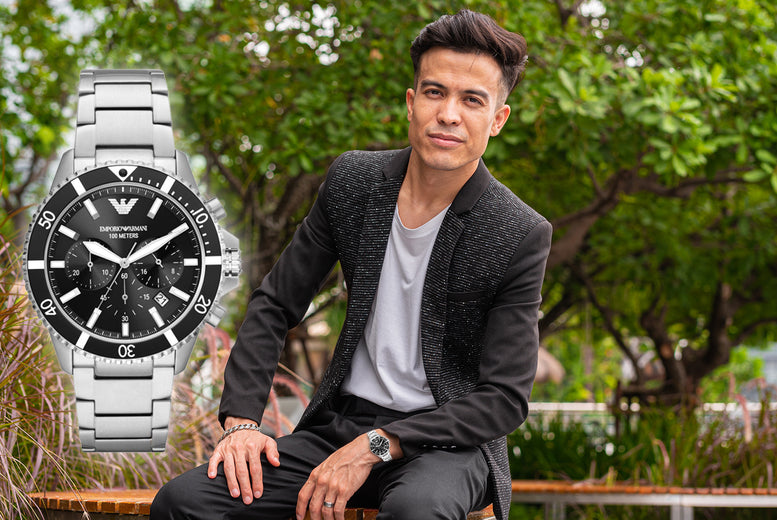 Emporio Armani Diver Chronograph Quartz Black Dial Silver Steel Strap Watch For Men - AR11360