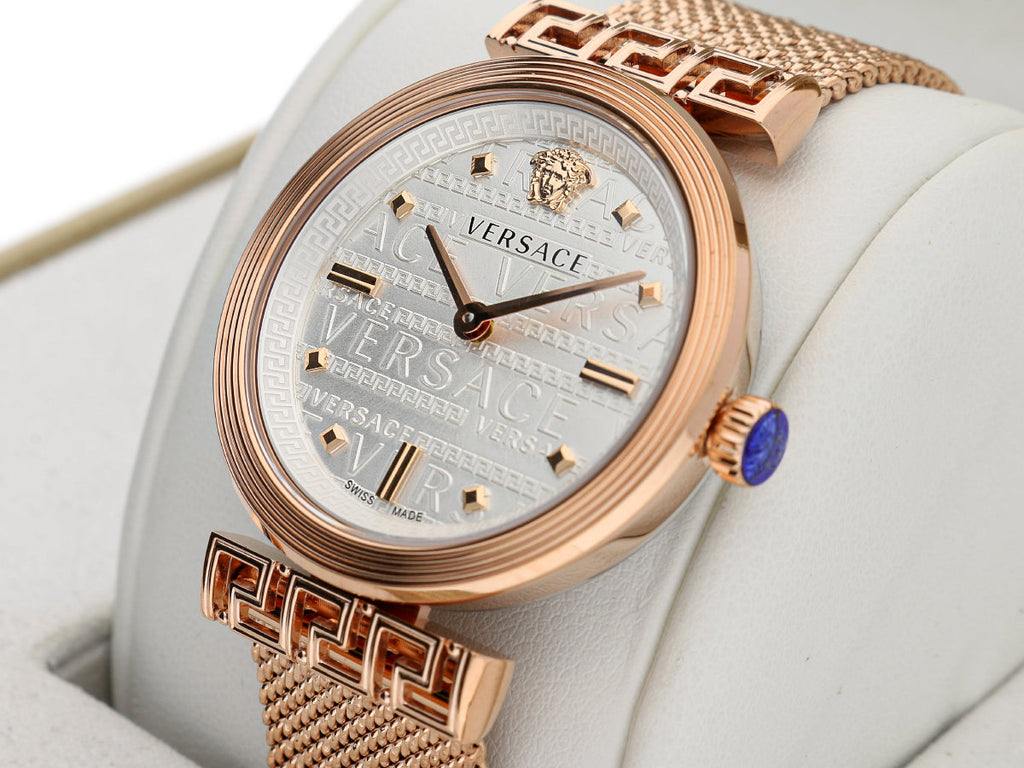 Versace Meander White Dial Rose Gold Mesh Bracelet Watch for Women - VELW00620
