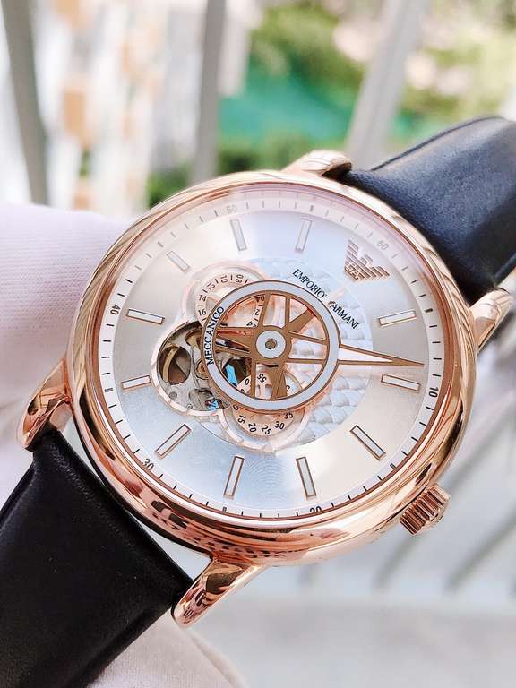 Emporio Armani Luigi Automatic Silver Dial Black Leather Strap Watch For Men - AR60013