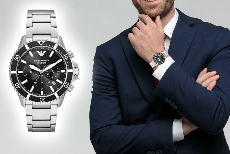 Emporio Armani Diver Chronograph Quartz Black Dial Silver Steel Strap Watch For Men - AR11360