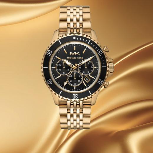 Michael Kors Bayville Chronograph Black Dial Gold Steel Strap Watch For Men - MK8726