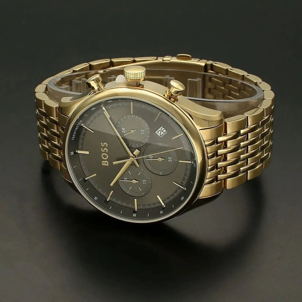 Hugo Boss Gregor Chronograph Grey Dial Gold Steel Strap Watch For Men - 1514051