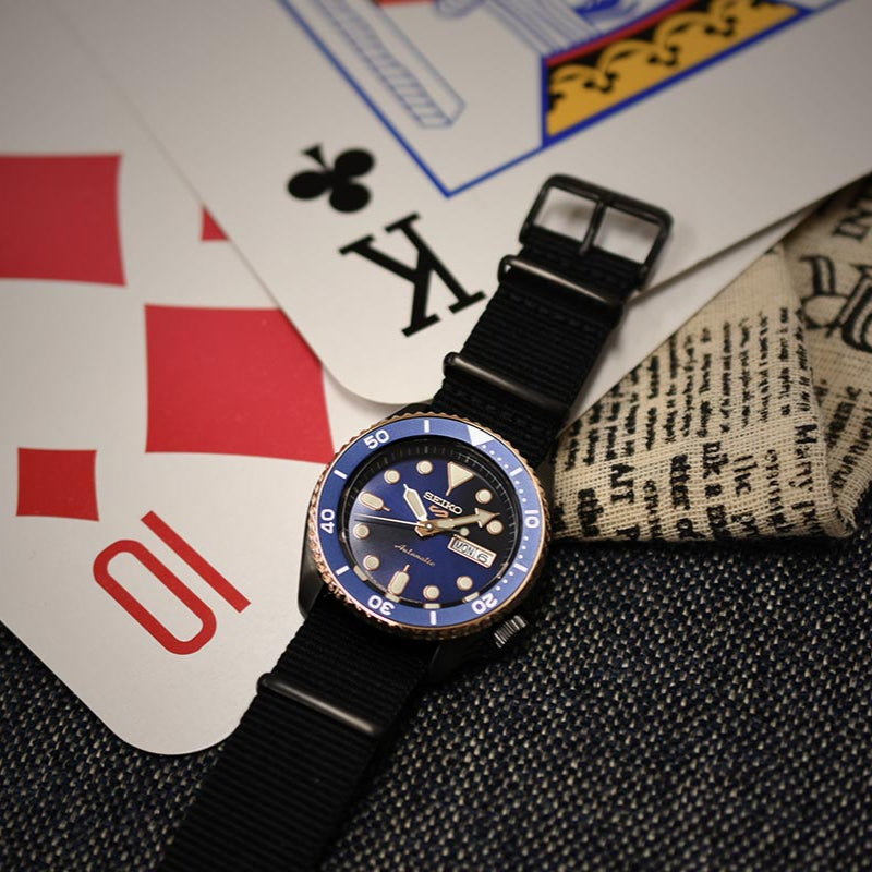 Seiko 5 Sports SBSA098 Automatic Men's Watch – Blue Dial & Black NATO Strap