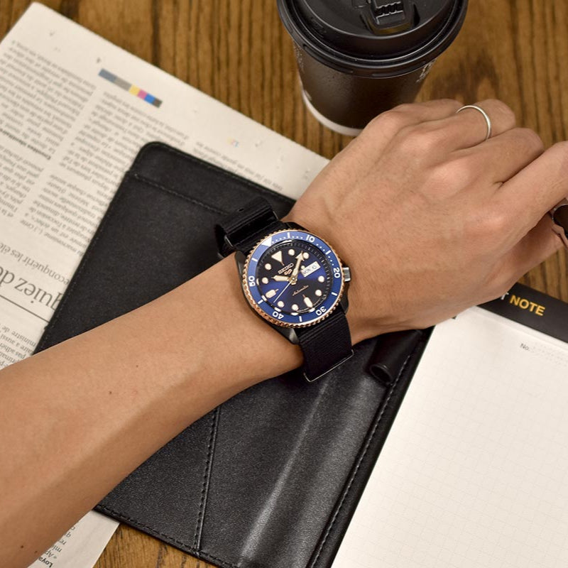 Seiko 5 Sports SBSA098 Automatic Men's Watch – Blue Dial & Black NATO Strap