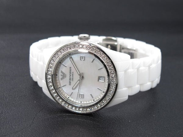 Emporio Armani Ceramica White Mother of Pearl Dial Stainless Steel Strap Watch For Women - AR1426