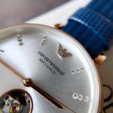 Emporio Armani Gianni T-Bar Analog Silver Dial Blue Leather Strap Watch For Women - AR60020