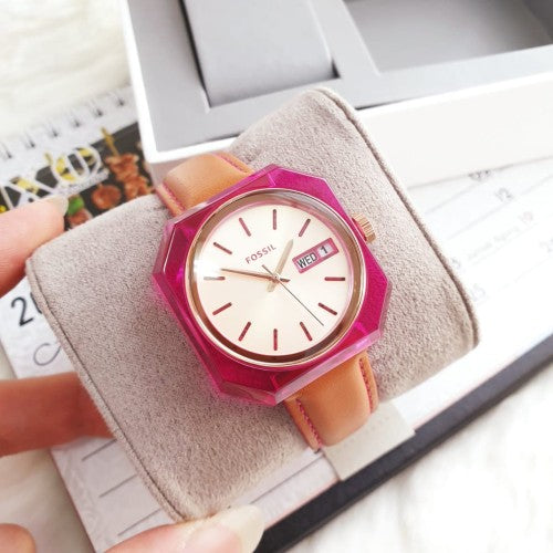 Fossil Candy White Dial Brown Leather Strap Watch for Women - ES3539