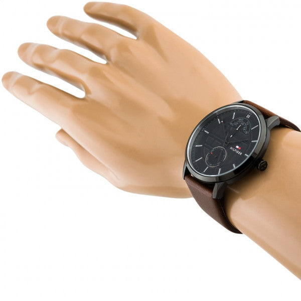 Tommy Hilfiger Hunter Black Dial Brown Leather Strap Watch for Men - 1791604