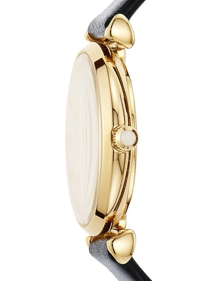 Emporio Armani Gianni T-Bar Quartz Mother of Pearl Dial Black Leather Strap Watch For Women - AR1910