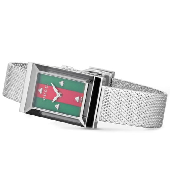 Gucci G Frame Red and Green Dial Silver Mesh Bracelet Watch For Women - YA147401