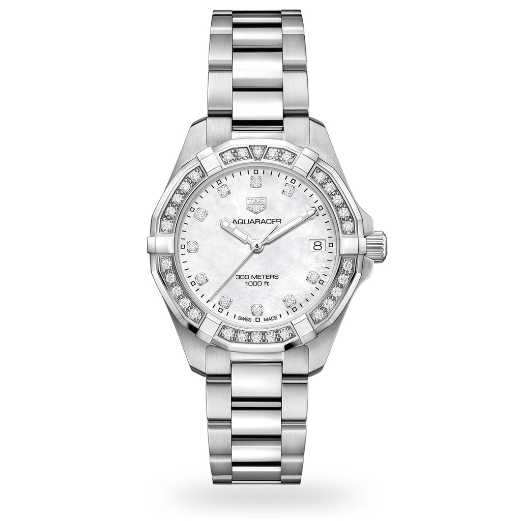 Tag Heuer Aquaracer Diamonds Mother of Pearl White Dial Silver Steel Strap Watch for Women - WBD1415.BA0741
