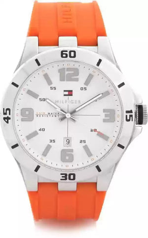 Tommy Hilfiger Analog White Dial Orange Rubber Strap Watch for Men - 1791063