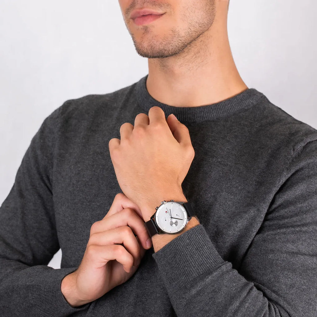 Tommy Hilfiger Lexor Silver Dial Black Leather Strap Watch For Men - 1791489