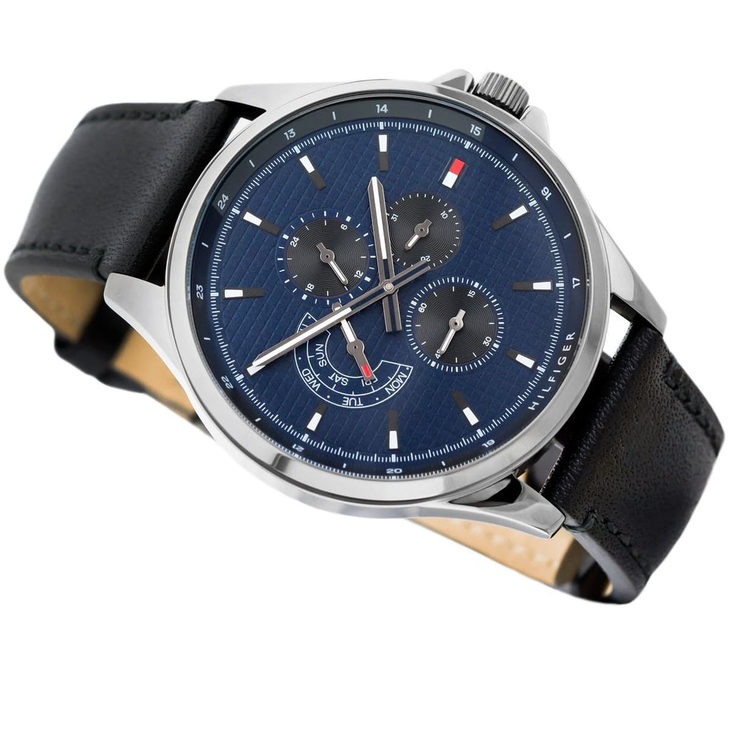 Tommy Hilfiger Shawn Multifunction Quartz Blue Dial Black Leather Strap Watch for Men - 1791616