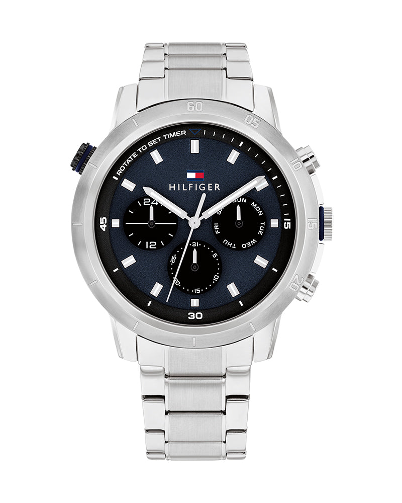 Tommy Hilfiger Troy Chronograph Blue Dial Silver Steel Strap Watch For Men - 1792104