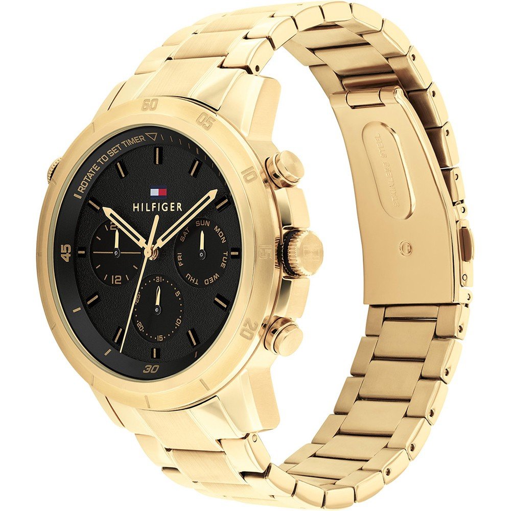 Tommy Hilfiger Troy Chronograph Black Dial Gold Steel Strap Watch For Men - 1792109