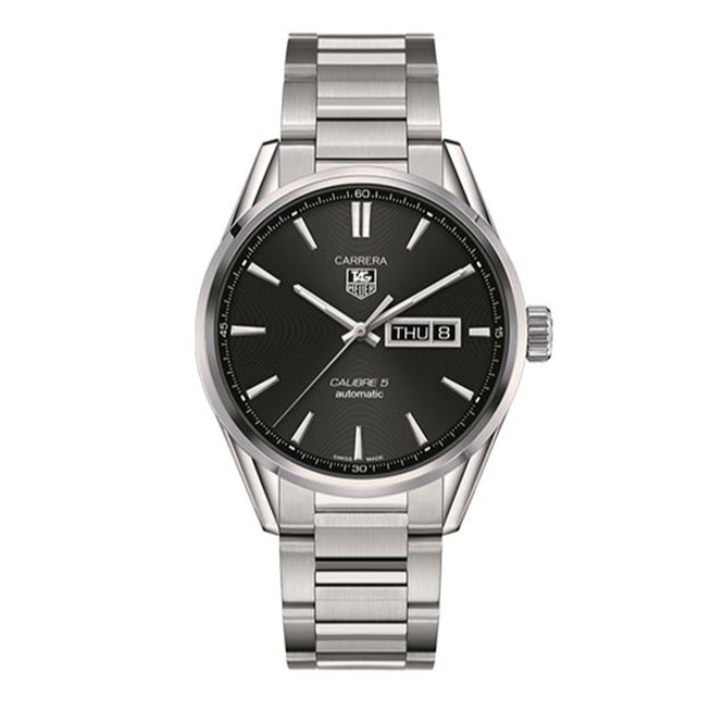 Tag Heuer Carrera Calibre 5 Automatic Black Dial Silver Steel Strap Watch for Men - WAR201A.BA0723