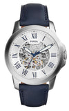 Fossil ME3111 Grant Automatic Skeleton Men's Watch – Silver Dial & Blue Leather Strap