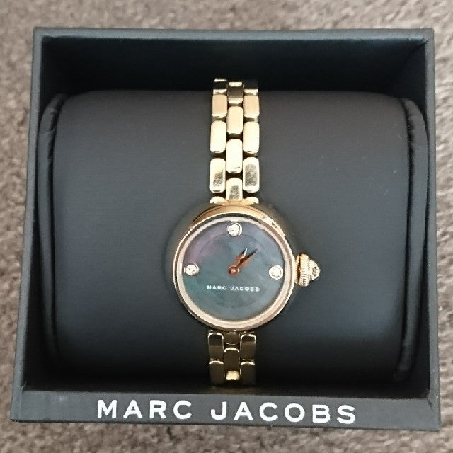 Marc Jacobs Courtney Mother of Pearl Black Dial Gold Steel Strap Watch for Women - MJ3460