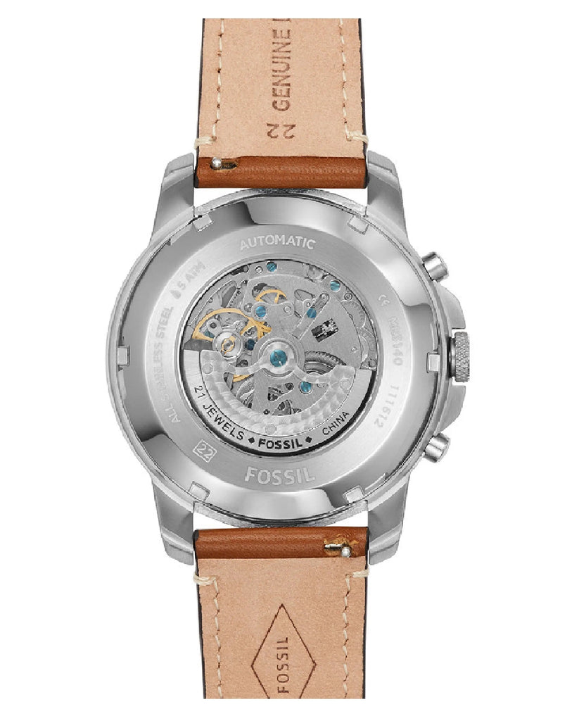 Fossil Grant Sport Automatic Skeleton Blue Dial Brown Leather Strap Watch for Men - ME3140
