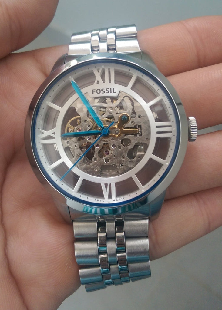 Fossil Townsman Automatic Skeleton Silver Dial Silver Steel Strap Watch for Men - ME3044