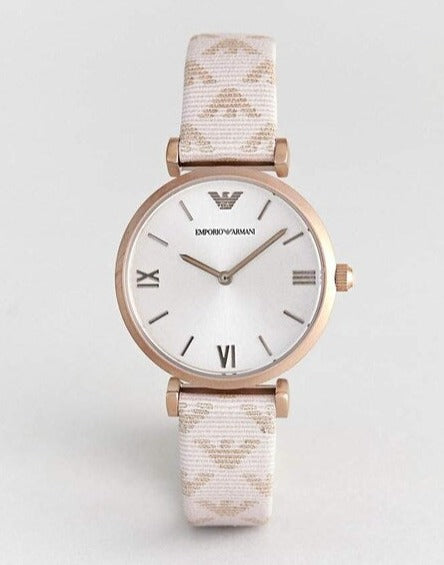 Emporio Armani Gianni T Bar Analog Silver Dial Beige Leather Strap Watch For Women - AR11127