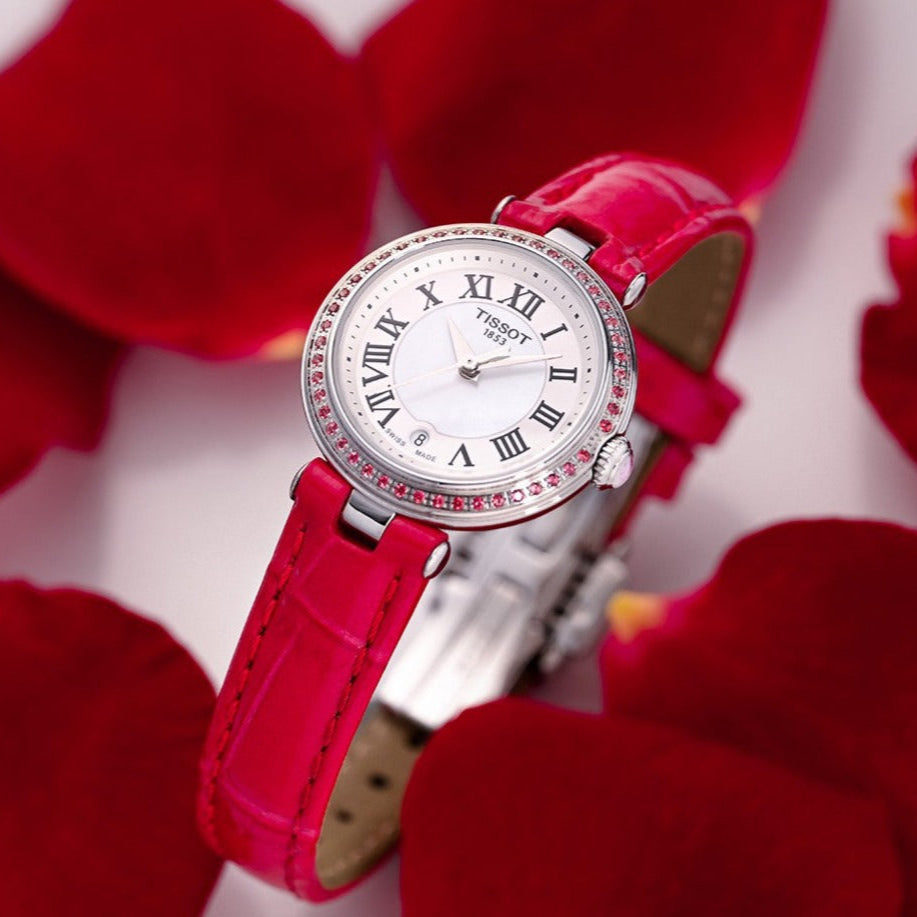 Tissot Bellissima Small Lady Diamonds Mother of Pearl Dial Red Leather Strap Watch For Women - T126.010.66.113.00